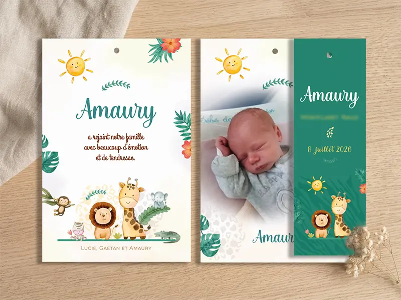 Faire-part de naissance aquarelle animaux jungle savane rigolo