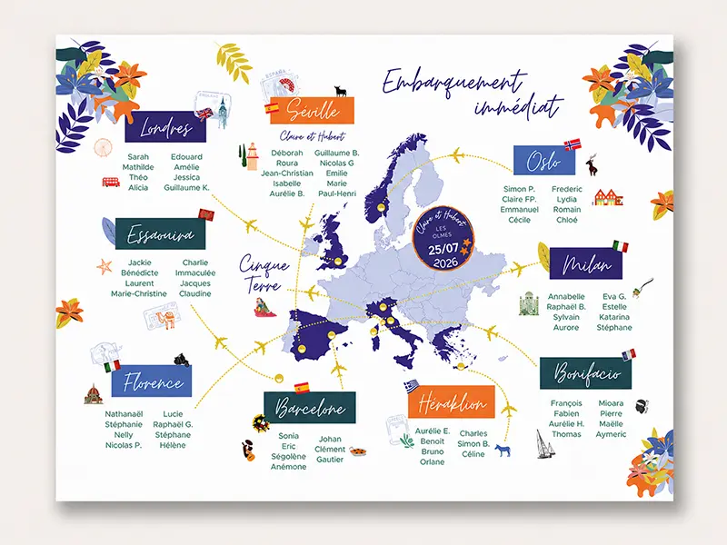 Plan de table mariage thème voyage avec carte d'Europe, destinations et listes d'invités personnalisées