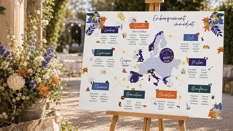 Plan de table mariage personnalisé sur le thème du voyage présenté sur un chevalet à l'entrée d'une réception